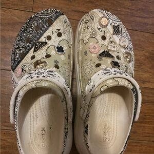 CROCS Paisley and Floral Clogs in Black, Cream, and Pink